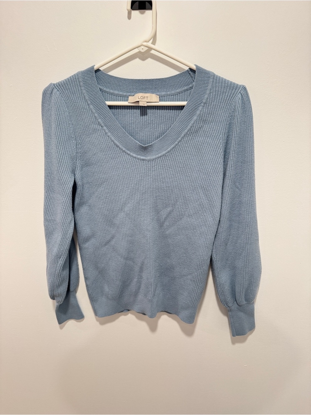 LOFT Sky Blue V-Neck Ribbed Puff Sleeve Top